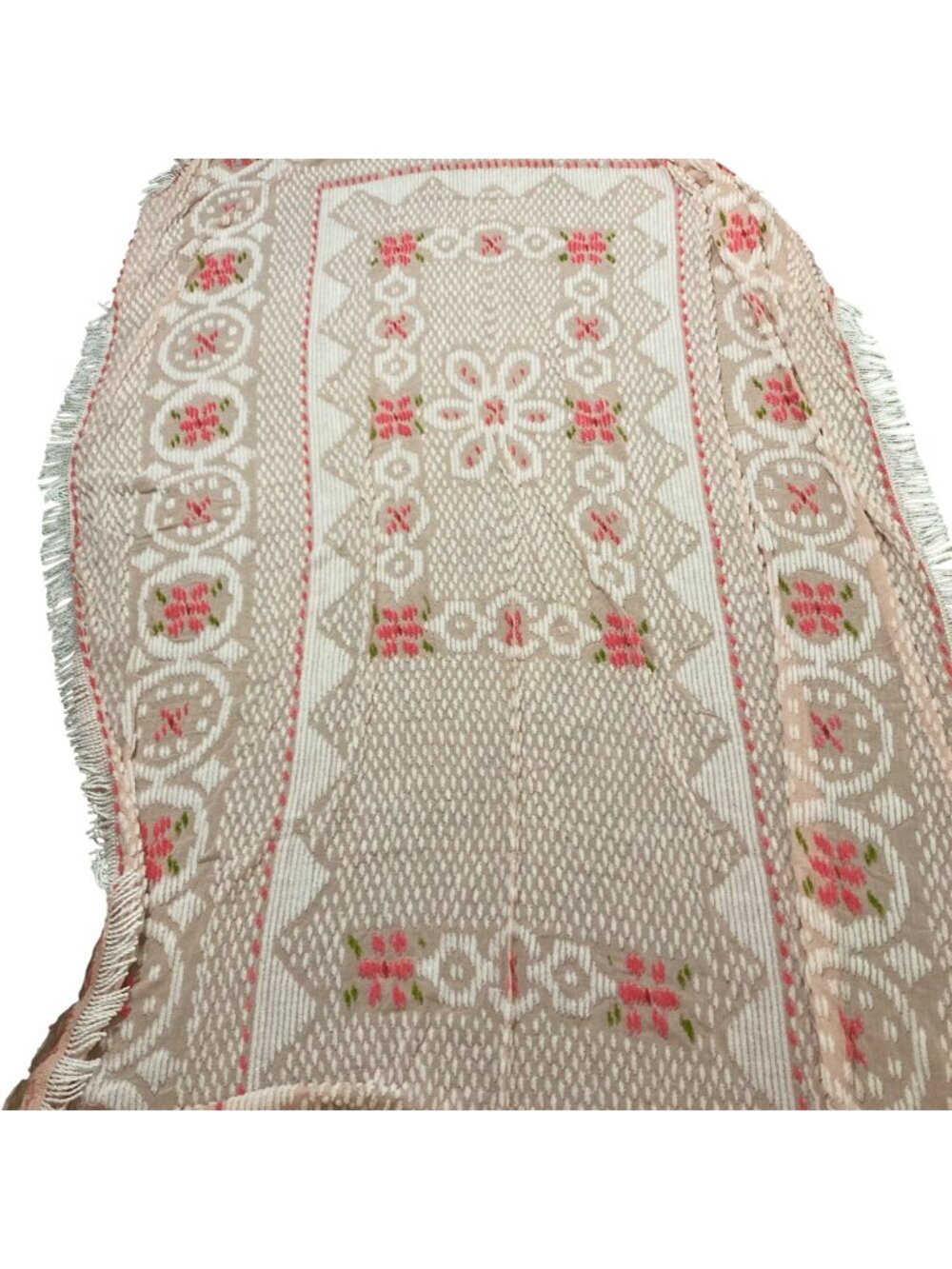 Vintage Pink Floral Chenille Bedspread With Fringe 86" X 62"